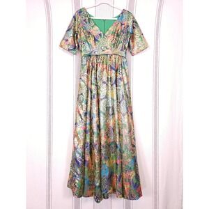 Vintage Holiday Dress Womens Small Green Gold Metallic Maximalist Glam 60s 70s